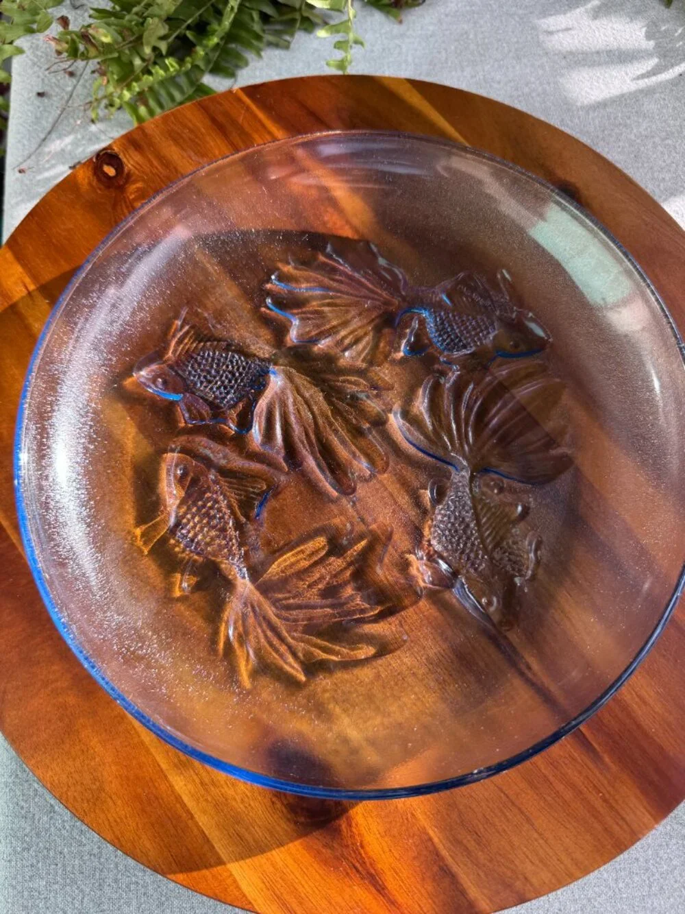 Vintage Pasari Blue Glass Plates with Koi Fish / Lobsters